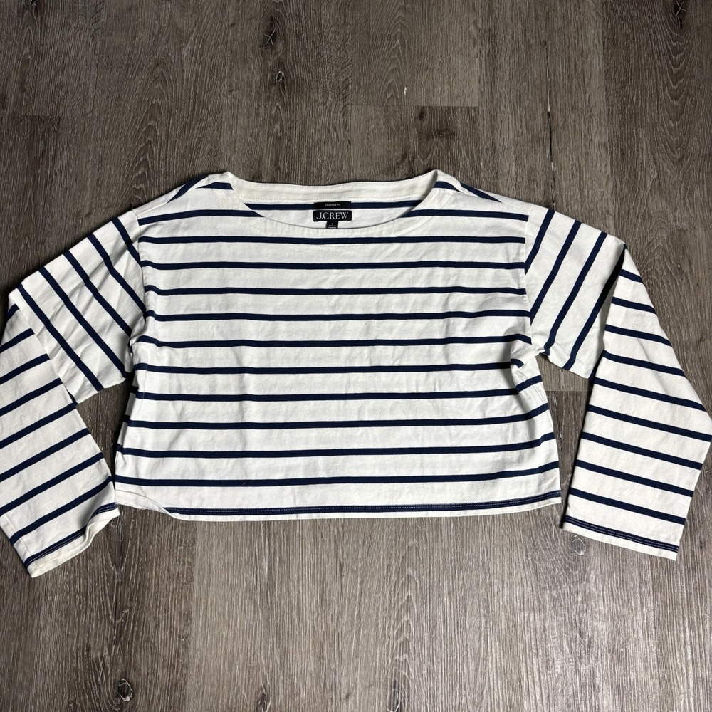 J. Crew Cropped Fit L White‎ Blue Striped Long Sleeve Crop Pullover Top BX290